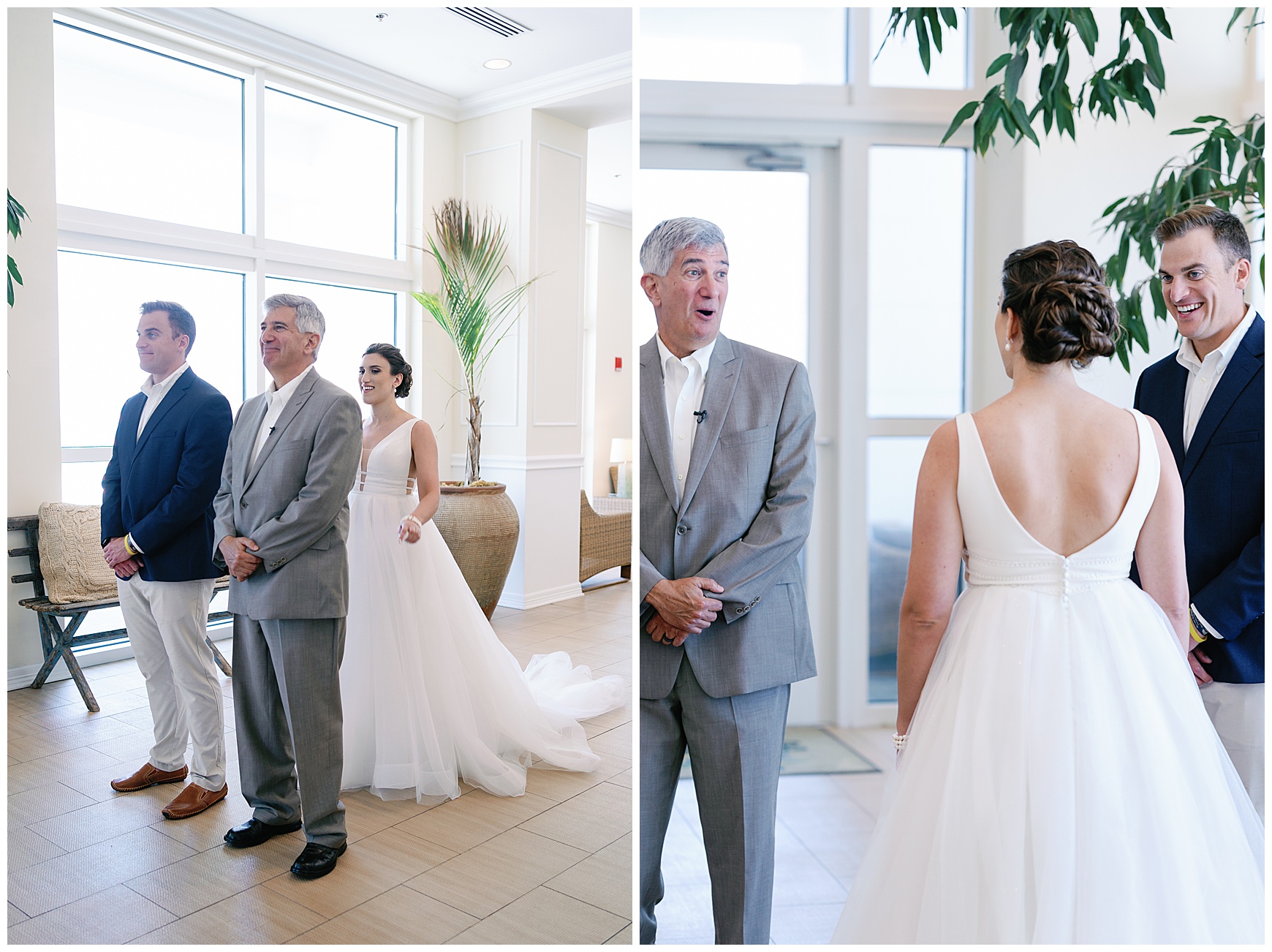 bride having a first look with her dad and brother