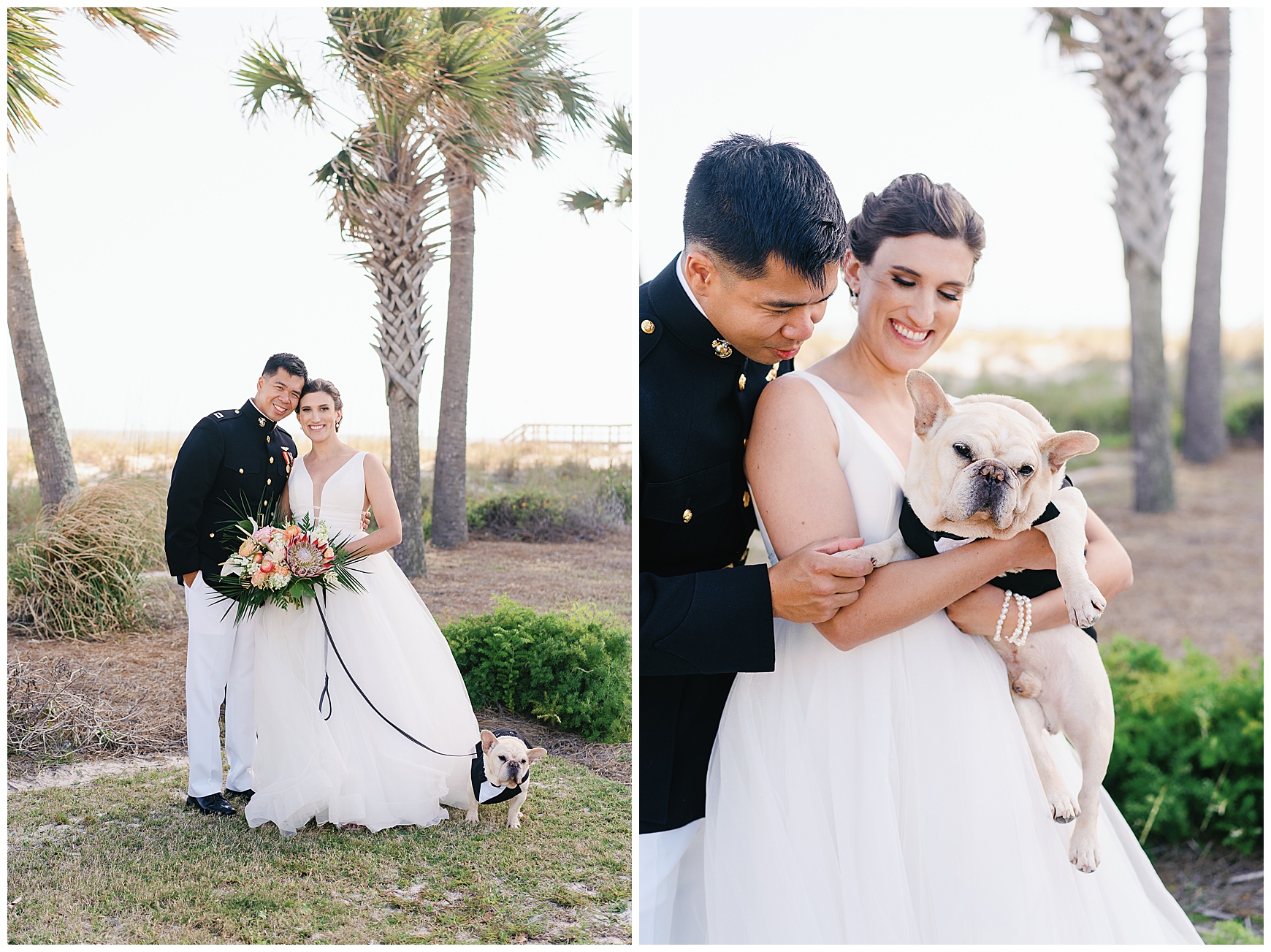 Bride and Groom with French bulldog